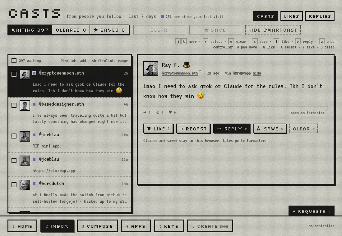 The inbox: a list of casts from people @3070.eth follows on the left, one cast open on the right, "via @fireflyapp" with a hide link, and a "hide @warpcast" button above the list.
