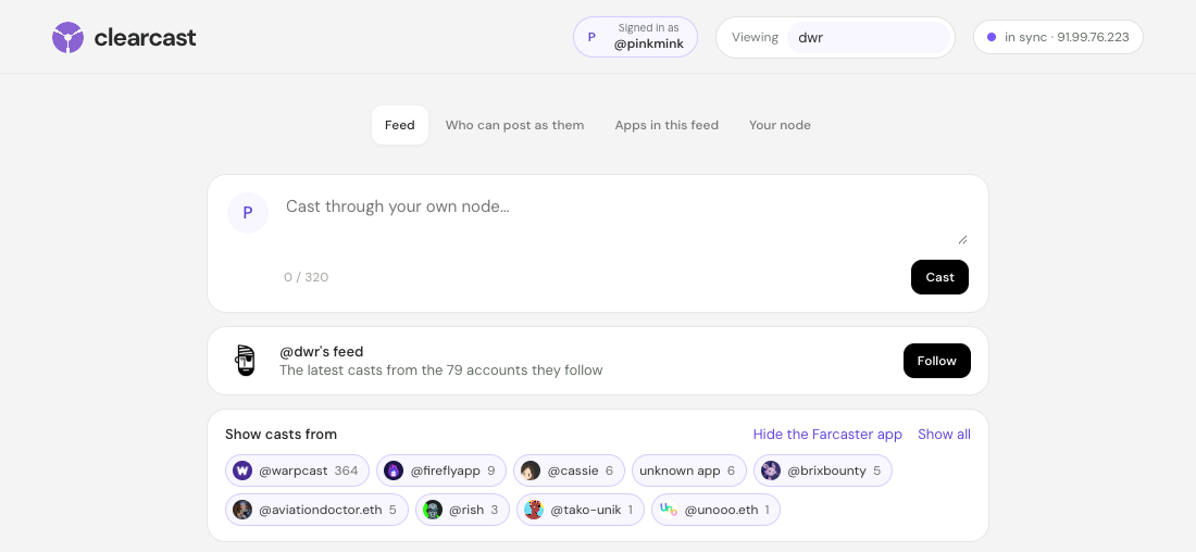 fameboy's feed view: a compose box, @dwr's feed from the 79 accounts they follow, and a row of app chips with counts: @warpcast 364, @fireflyapp 9, @cassie 6 and more.