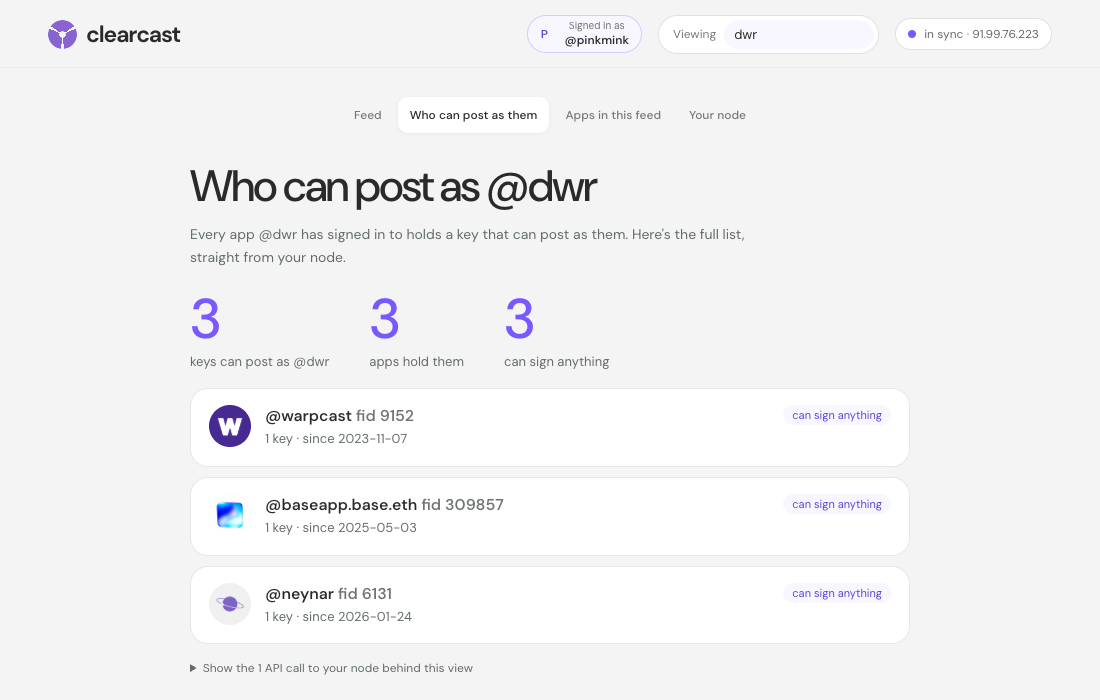 fameboy in the browser: Who can post as @dwr. 3 keys, held by @warpcast, @baseapp.base.eth and @neynar, all able to sign anything.